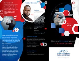 The IT industry is projected to
grow 17% by 2022. The IT
industry oﬀers excellent job
security and great pay with
salary ranges from $30 - $84K.
Now is the time to start
working towards your IT
career.
Helping Veterans achieve
IT Career Success
Did You Know?
NHsolutionsHUB.com
NHsolutionsHUB.com
Are you looking for a place to
hold your next event or meeting?
Well look no further; we have state
of the art room rentals that will suit
your every need.
Whether it’s an oﬃce party,
meeting or presentation, each
person will have access to an
individual computer and power
station. Call your nearest center
today at 844-974-4687 for
more information on seating
capacity and pricing.
Applications
Training
Unbeaten
Proven
Results
Learning
Methods
Certiﬁcations
Technical
Training
Find us on the web
Learn more about our training courses,
certiﬁcations and learning methods. Our
blog is a great resource, too!
New Horizons Room Rentals
Student Success
- George McPherson
Associate Systems Engineer
Carolina Healthcare System
The Post 9/11 GI Bill was a great
blessing to me. Signing up was
easy and the Mentored Learning
Program suited my learning style.
I started with my Net+ , which
gave me conﬁdence to move
forward with my A+. The staﬀ
was instrumental in my success,
helping me with issues and
concerns along the way. I will
never forget the passion New
Horizons poured into my
success.
The Word
On Training From
New Horizons
CompTIA A+, Network+, Security+,
Microsoft Certiﬁed Professional
Certiﬁcations
Contact Us Today :
P: 844-974-4687
E: enrollmentsupport@nhalliance.com
Put our services to the test,
contact us for a free
 