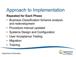 Department of Education
Approach to Implementation
Repeated for Each Phase
• Business Classification Scheme analysis
and redevelopment
• Procedure manual updated
• Systems Design and Configuration
• User Acceptance Testing
• Migration
• Training
 