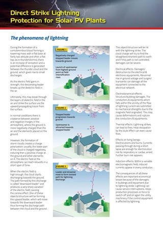 The phenomena of lightning
Negatively charged
stepped leader moves
towards ground
Launch of upstreamer
from highest ground
point as field
intensification
rises
During the formation of a
cumulonimbus (cloud forming a
towering mass with a flat base at
fairly low altitude and often a flat
top, as in thunderstorms), there
is an increase of ionisation and a
potential difference is generated
between the thunder cloud and the
ground, which gives rise to small
discharges.
As the electric field gains in
strength, the descending leader
breaks up the dielectric field in
the air.
Ultimately, this may break through
the layers of dielectric field in the
air and strike the surface via the
upward propagating tracer from
the surface.
In normal conditions there is
a balance between positive
and negative charges in the
atmosphere, where the ground is
more negatively charged than the
air and the elements placed on the
ground.
However, the formation of
storm clouds creates a charge
polarization; usually, the lower part
of the cloud is charged negatively,
inducing then a positive charge at
the ground and other elements
on it. The electric field at the
atmosphere can reach kilovolts in a
short span of time.
When the electric field is
high enough, the cloud starts
discharging towards the ground.
The path formed by this discharge
is called “downward leader” and
produces a very sharp variation
of the electric field, causing
the corona effect. One of these
objects/structure will be forming
the upward leader, which will move
towards the downward leader
thus forming the discharge path
between the cloud and the ground.
This object/structure will be hit
with the lightning strike. The
cloud charge will try to find the
straightest/shortest path to earth
and if this path is not controlled,
damages can be severe.
Electrical effects: Damages/
destruction to the electrical &
electronic equipments. Abnormal
rise in ground voltage and surges/
transients can damage all the
equipment connected to the
electrical network.
Electrodynamical effects:
Structure/building damages. The
conductors & equipments which
falls within the vicinity of the flow
of lightning current are submitted
to mechanical strengths due to the
magnetic field originated. This may
cause deformations and rupture
the conductors & equipments.
Thermal effects: Lightning strikes
can lead to fires. Heat dissipation
by the Joule effect can even cause
fires.
Effects on living beings:
Electrocutions and burns. Currents
passing through during a short
lapse are enough for electrocution
risk by respiratory or cardiac arrest.
Further burn risk appears.
Induction effects: Within a variable
electromagnetic field, induced
currents appear in every conductor.
The consequences of all these
effects are important economical
losses because of the damages
in buildings and equipment due
to lightning strike. Lightning can
cause service interruptions, stops
production processes or force to
switch off and on again the utility
machinery if the control equipment
is affected by lightning.
FIGURE 1
Stepped leader
progresses towards
ground
Upstreamer is
attracted towards
stepped leader
FIGURE 2
Leader and streamer
meet to form ionised
path for lightning
discharge
FIGURE 3
Direct Strike Lightning
Protection for Solar PV Plants
 