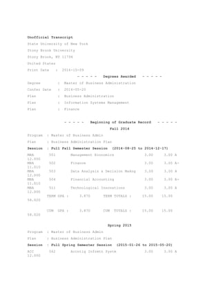 Unofficial Transcript
State University of New York
Stony Brook University
Stony Brook, NY 11794
United States
Print Date : 2016-10-09
- - - - - Degrees Awarded - - - - -
Degree : Master of Business Administration
Confer Date : 2016-05-20
Plan : Business Administration
Plan : Information Systems Management
Plan : Finance
- - - - - Beginning of Graduate Record - - - - -
Fall 2014
Program : Master of Business Admin
Plan : Business Administration Plan
Session : Full Fall Semester Session (2014-08-25 to 2014-12-17)
MBA 501 Management Economics 3.00 3.00 A
12.000
MBA 502 Finance 3.00 3.00 A-
11.010
MBA 503 Data Analysis & Decision Makng 3.00 3.00 A
12.000
MBA 504 Financial Accounting 3.00 3.00 A-
11.010
MBA 511 Technological Innovations 3.00 3.00 A
12.000
TERM GPA : 3.870 TERM TOTALS : 15.00 15.00
58.020
CUM GPA : 3.870 CUM TOTALS : 15.00 15.00
58.020
Spring 2015
Program : Master of Business Admin
Plan : Business Administration Plan
Session : Full Spring Semester Session (2015-01-26 to 2015-05-20)
ACC 562 Accntig Infrmtn Systm 3.00 3.00 A
12.000
 