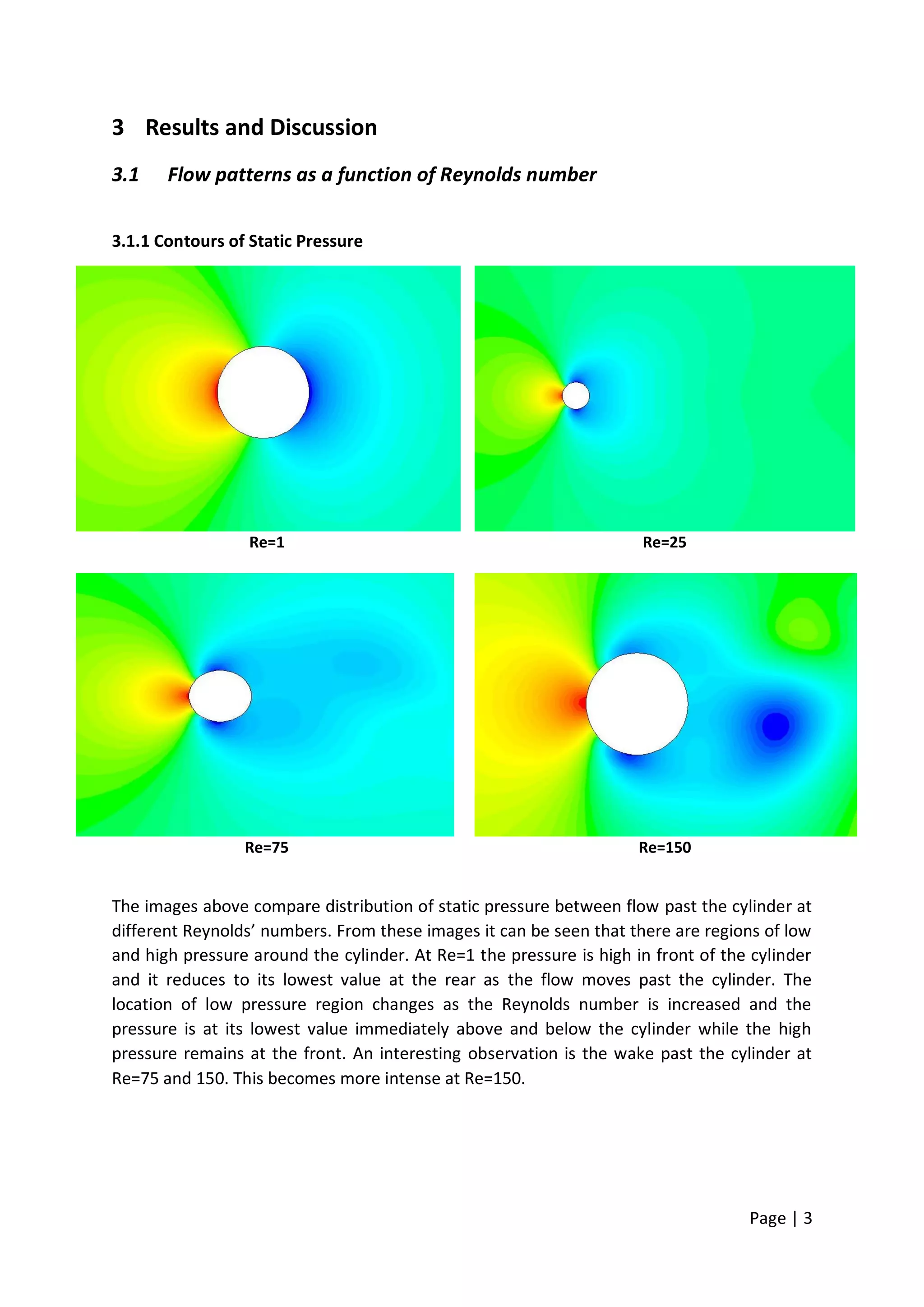 Page | 3
3 Results and Discussion
3.1 Flow patterns as a function of Reynolds number
3.1.1 Contours of Static Pressure
Re=1 Re=25
Re=75 Re=150
The images above compare distribution of static pressure between flow past the cylinder at
different Reynolds’ numbers. From these images it can be seen that there are regions of low
and high pressure around the cylinder. At Re=1 the pressure is high in front of the cylinder
and it reduces to its lowest value at the rear as the flow moves past the cylinder. The
location of low pressure region changes as the Reynolds number is increased and the
pressure is at its lowest value immediately above and below the cylinder while the high
pressure remains at the front. An interesting observation is the wake past the cylinder at
Re=75 and 150. This becomes more intense at Re=150.
 