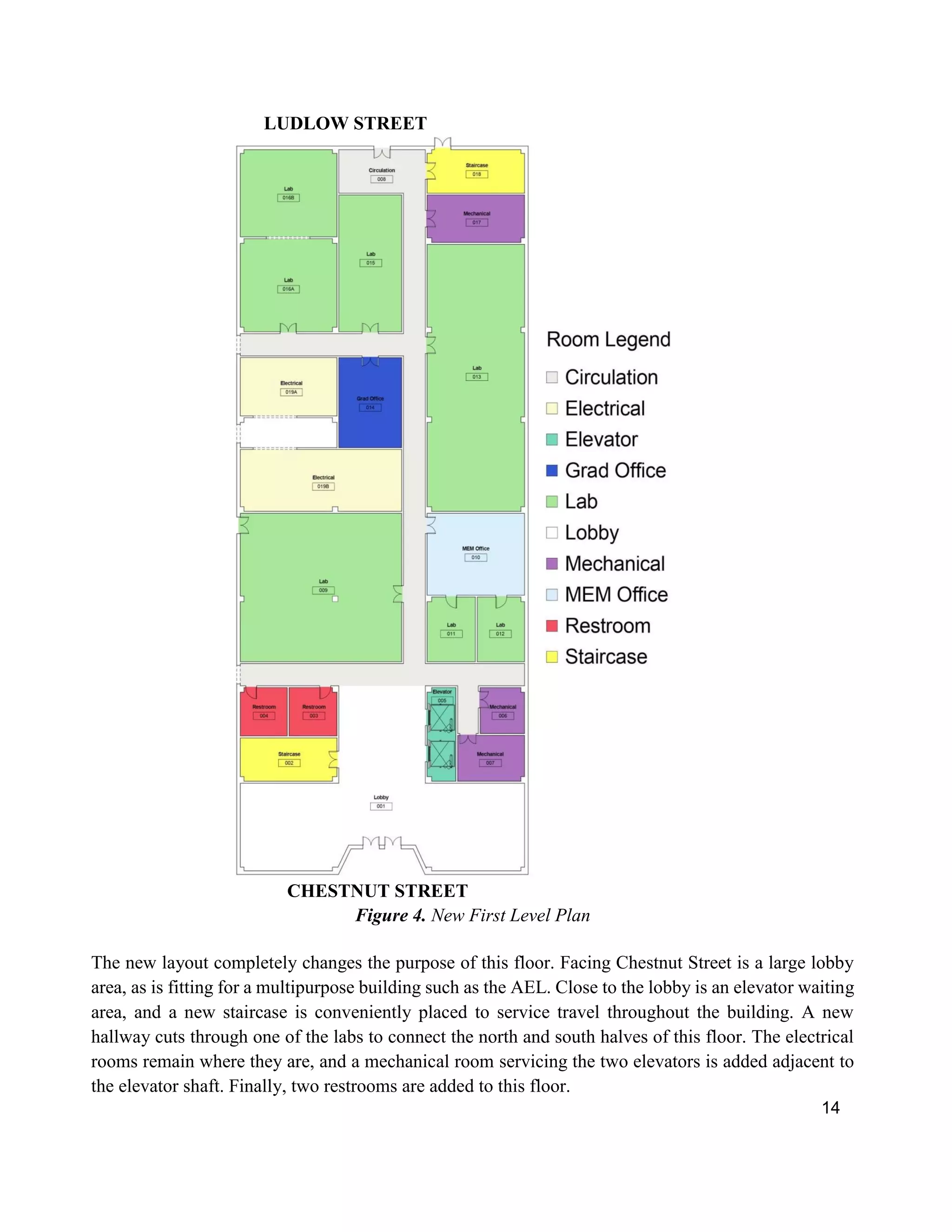 14
LUDLOW STREET
CHESTNUT STREET
Figure 4. New First Level Plan
The new layout completely changes the purpose of this floor. Facing Chestnut Street is a large lobby
area, as is fitting for a multipurpose building such as the AEL. Close to the lobby is an elevator waiting
area, and a new staircase is conveniently placed to service travel throughout the building. A new
hallway cuts through one of the labs to connect the north and south halves of this floor. The electrical
rooms remain where they are, and a mechanical room servicing the two elevators is added adjacent to
the elevator shaft. Finally, two restrooms are added to this floor.
 