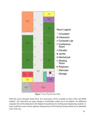 17
Figure 7. New Fourth Level Plan
With this newly designed fourth floor, five classrooms will be available to both CAEE and MEM
students. The classrooms are large enough to comfortably contain up to 30 students. An additional
computer lab will be dedicated to the Digital Concentration for Architectural Engineering students. A
large conference room with an adjacent meeting room will be facing Chestnut Street for an admirable
view of the city.
 