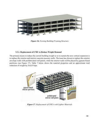 30
Figure 16. Existing Building Framing Structure
3.3.1. Replacement of CMU to Reduce Weight Demand
The primary means to reduce the current building weight so as to sustain the new vertical expansion is
to replace the exterior and interior concrete masonry walls. The team has chosen to replace the exterior
envelope walls with prefabricated wall panels, while the interior walls will be placed by gypsum board
partitions (see Figure 17). Table 7 below shows the material properties and an approximate total
reduction of weight by 36,619 kips.
Figure 17. Replacement of CMUs with Lighter Materials
 