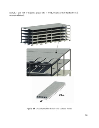 36
(our 25.3’ span with 8” thickness gives a ratio of 37.95, which is within the Handbook’s
recommendations).
Figure_19._Placement of the hollow-core slabs on beams
 