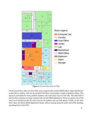 6
Figure 2. Current Second Level Plan
On the second floor, there are fewer labs, more computer labs, and the MEM offices. Space distribution
on this floor is orderly. Labs are on one half of the floor, surrounding a couple of graduate offices. This
layout is convenient for those graduate students who want direct access to the labs. The other half of
the first floor contains two large computer labs for the MEM department. Those are open to one of the
lower level mechanical labs for ease of access for students who use both spaces. Finally, on the same
floor, there are fifteen MEM department faculty offices running along the south wall of the building,
extending from Curtis Hall.
 
