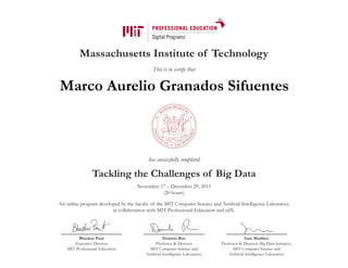 Massachusetts Institute of Technology
This is to certify that
has successfully completed
Tackling the Challenges of Big Data
November 17 – December 29, 2015
(20 hours)
An online program developed by the faculty of the MIT Computer Science and Artificial Intelligence Laboratory
in collaboration with MIT Professional Education and edX.
Bhaskar Pant
Executive Director
MIT Professional Education
Daniela Rus
Professor & Director
MIT Computer Science and
Artificial Intelligence Laboratory
Sam Madden
Professor & Director, Big Data Initiative,
MIT Computer Science and
Artificial Intelligence Laboratory
Marco Aurelio Granados Sifuentes
 