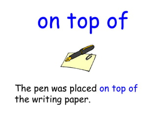 on top of
The pen was placed on top of
the writing paper.
 