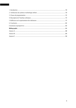 X
1. Introduction ....................................................................................................................................... 70
2. Architecture du système et technologie utilisée ................................................................................ 70
3. Classes de programmation................................................................................................................. 72
4. Description de l’interface utilisateur ................................................................................................. 73
5. Réflexion sur la représentation des indicateurs ................................................................................. 77
6. Conclusion......................................................................................................................................... 82
Conclusion et perspectives .................................................................................................................... 83
Bibliographie........................................................................................................................................ 84
Annexe-A .............................................................................................................................................. 88
Annexe-B .............................................................................................................................................. 89
Annexe-C .............................................................................................................................................. 90
 