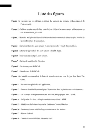 XI
Liste des figures
Figure 1 : Naissance du jeu sérieux en reliant du ludisme, du contenu pédagogique et de
l’interactivité.
Figure 2 : Schéma représentant le lien entre le jeu vidéo et la composante pédagogique en
vue d’élaborer un jeu vidéo.
Figure 3 : Schéma récapitulatif des différences et des ressemblances entre les jeux sérieux et
le monde virtuel de simulation.
Figure 4 : Le tutorat dans les jeux sérieux et dans les mondes virtuels de simulation.
Figure 5 : Champ d’application des jeux sérieux selon M. Zyda.
Figure 6 : Interfaces de quelques jeux sérieux.
Figure 7 : Le jeu sérieux Zombie Division.
Figure 8 : Le serious game CellCraft.
Figure 9 : Les niveaux de CellCraft.
Figure 10 : Modèle relationnel de la base de données externe pour le jeu Star Bank The
Game.
Figure 11 : Architecture générale de l’application.
Figure 12 : Panneau de définition des règles d’évaluation dans la plateforme <e-Adventure>.
Figure 13 : Un exemple de séquencement des activités pédagogiques dans LAMS.
Figure 14 : Intégration des jeux créés par <e-Adventure> dans LAMS.
Figure 15 : Modèles utilisés dans l’approche Evidence-Centered Design.
Figure 16 : La conception du suivi de l'apprenant dans un jeu sérieux.
Figure 17 : Réseau de Petri.
Figure 18 : Graphe d'accessibilité du réseau de Petri.
 