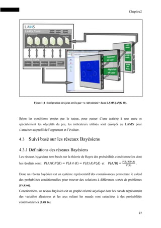 Chapitre2
27
Figure 14 : Intégration des jeux créés par <e-Adventure> dans LAMS [ANG 10].
Selon les conditions posées par le tuteur, pour passer d’une activité à une autre et
spécialement les objectifs du jeu, les indicateurs utilisés sont envoyés au LAMS pour
s’attacher au profil de l’apprenant et l’évaluer.
4.3 Suivi basé sur les réseaux Bayésiens
4.3.1 Définitions des réseaux Bayésiens
Les réseaux bayésiens sont basés sur la théorie de Bayes des probabilités conditionnelles dont
les résultats sont : ( ) ( ) ( ) ( ) ( ) et ( )
( ) ( )
( )
.
Donc un réseau bayésien est un système représentatif des connaissances permettant le calcul
des probabilités conditionnelles pour trouver des solutions à différentes sortes de problèmes
[PAR 06].
Concrètement, un réseau bayésien est un graphe orienté acyclique dont les nœuds représentent
des variables aléatoires et les arcs reliant les nœuds sont rattachées à des probabilités
conditionnelles [PAR 06].
 