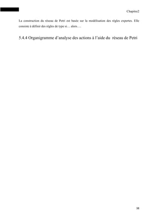 Chapitre2
38
La construction du réseau de Petri est basée sur la modélisation des règles expertes. Elle
consiste à définir des règles de type si… alors….
5.4.4 Organigramme d’analyse des actions à l’aide du réseau de Petri
 
