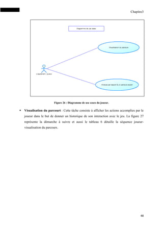 Chapitre3
48
Figure 26 : Diagramme de use cases du joueur.
 Visualisation du parcourt : Cette tâche consiste à afficher les actions accomplies par le
joueur dans le but de donner un historique de son interaction avec le jeu. La figure 27
représente la démarche à suivre et aussi le tableau 6 détaille la séquence joueur-
visualisation du parcours.
 