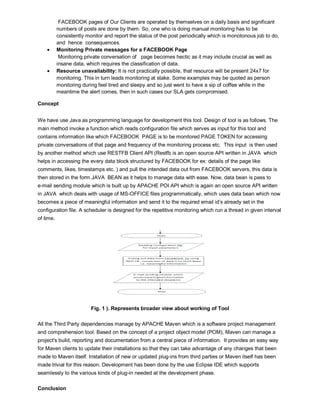 FACEBOOK pages of Our Clients are operated by themselves on a daily basis and significant
numbers of posts are done by them. So, one who is doing manual monitoring has to be
consistently monitor and report the status of the post periodically which is monotonous job to do,
and hence consequences.
 Monitoring Private messages for a FACEBOOK Page
Monitoring private conversation of page becomes hectic as it may include crucial as well as
insane data, which requires the classification of data.
 Resource unavailability: It is not practically possible, that resource will be present 24x7 for
monitoring. This in turn leads monitoring at stake. Some examples may be quoted as person
monitoring during feel tired and sleepy and so just went to have a sip of coffee while in the
meantime the alert comes, then in such cases our SLA gets compromised.
Concept
We have use Java as programming language for development this tool. Design of tool is as follows. The
main method invoke a function which reads configuration file which serves as input for this tool and
contains information like which FACEBOOK PAGE is to be monitored PAGE TOKEN for accessing
private conversations of that page and frequency of the monitoring process etc. This input is then used
by another method which use RESTFB Client API (Restfb is an open source API written in JAVA which
helps in accessing the every data block structured by FACEBOOK for ex: details of the page like
comments, likes, timestamps etc. ) and pull the intended data out from FACEBOOK servers, this data is
then stored in the form JAVA BEAN as it helps to manage data with ease. Now, data bean is pass to
e-mail sending module which is built up by APACHE POI API which is again an open source API written
in JAVA which deals with usage of MS-OFFICE files programmatically, which uses data bean which now
becomes a piece of meaningful information and send it to the required email id’s already set in the
configuration file. A scheduler is designed for the repetitive monitoring which run a thread in given interval
of time.
Fig. 1 ). Represents broader view about working of Tool
All the Third Party dependencies manage by APACHE Maven which is a software project management
and comprehension tool. Based on the concept of a project object model (POM), Maven can manage a
project's build, reporting and documentation from a central piece of information. It provides an easy way
for Maven clients to update their installations so that they can take advantage of any changes that been
made to Maven itself. Installation of new or updated plug-ins from third parties or Maven itself has been
made trivial for this reason. Development has been done by the use Eclipse IDE which supports
seamlessly to the various kinds of plug-in needed at the development phase.
Conclusion
 