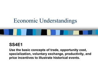 Economic Understandings
SS4E1
Use the basic concepts of trade, opportunity cost,
specialization, voluntary exchange, productivity, and
price incentives to illustrate historical events.
 
