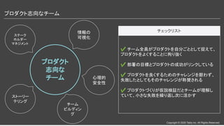 Copyright © 2020 Tably inc. All Rights Reserved
プロダクト志向なチーム 
プロダクト
志向な
チーム
チーム
ビルディン
グ
心理的
安全性
情報の
可視化
ステーク
ホルダー
マネジメント
ストーリー
テリング
✔ チーム全員がプロダクトを自分ごととして捉えて、
プロダクトをよくすることに拘り抜く
✔ 部署の目標とプロダクトの成功がリンクしている
✔ プロダクトを良くするためのチャレンジを厭わず、
失敗したとしてもそのチャレンジが称賛される
✔ プロダクトづくりが仮説検証だとチームが理解し
ていて、小さな失敗を繰り返し次に活かす
チェックリスト
 
