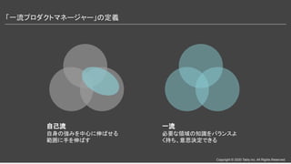 Copyright © 2020 Tably inc. All Rights Reserved
「一流プロダクトマネージャー」の定義 
自己流
自身の強みを中心に伸ばせる
範囲に手を伸ばす
一流
必要な領域の知識をバランスよ
く持ち、意思決定できる
 