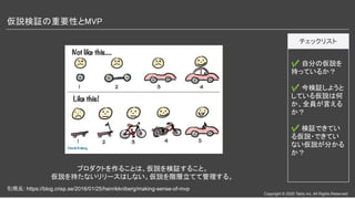 Copyright © 2020 Tably inc. All Rights Reserved
仮説検証の重要性とMVP 
プロダクトを作ることは、仮説を検証すること。
仮説を持たないリリースはしない。仮説を階層立てて管理する。
✔ 自分の仮説を
持っているか？
✔ 今検証しようと
している仮説は何
か、全員が言える
か？
✔ 検証できてい
る仮説・できてい
ない仮説が分かる
か？
チェックリスト
引用元: https://blog.crisp.se/2016/01/25/henrikkniberg/making-sense-of-mvp
 