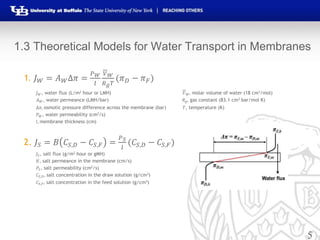 5
1.3 Theoretical Models for Water Transport in Membranes
1. 𝐽 𝑊 = 𝐴 𝑊∆𝜋 =
𝑃 𝑊
𝑙
𝑉 𝑊
𝑅 𝑔 𝑇
(𝜋 𝐷 − 𝜋 𝐹)
𝐽 𝑊, water flux (L/m2 hour or LMH) 𝑉 𝑊, molar volume of water (18 cm3/mol)
𝐴 𝑊, water permeance (LMH/bar) 𝑅 𝑔, gas constant (83.1 cm3 bar/mol K)
∆𝜋, osmotic pressure difference across the membrane (bar) 𝑇, temperature (K)
𝑃 𝑊, water permeability (cm2/s)
𝑙, membrane thickness (cm)
2. 𝐽𝑆 = 𝐵 𝐶𝑆,𝐷 − 𝐶𝑆,𝐹 =
𝑃 𝑆
𝑙
(𝐶𝑆,𝐷 − 𝐶𝑆,𝐹)
𝐽𝑆, salt flux (g/m2 hour or gMH)
𝐵, salt permeance in the membrane (cm/s)
𝑃𝑆, salt permeability (cm2/s)
𝐶𝑆,𝐷, salt concentration in the draw solution (g/cm3)
𝐶𝑆,𝐹, salt concentration in the feed solution (g/cm3)
 