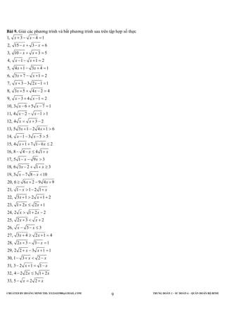 CREATED BY HOÀNG MINH THI; XYZ1431988@GMAIL.COM TRUNG ĐOÀN 1 – SƯ ĐOÀN 6 – QUÂN ĐOÀN BỘ BINH
9
Bài 9. Giải các phương trình và bất phương trình sau trên tập hợp số thực
1, 3 4 1
2, 15 3 6
3, 10 3 5
4, 1 1 2
5, 4 1 3 4 1
6, 3 7 1 2
7, 3 3 2 1 1
8, 3 5 4 2 4
9, 3 4 1 2
10, 3 6 5 7 1
11, 4 2 1 1
12, 4 3 2
13, 5 3 1 2 4 1 6
14, 1 3 5 5
15, 4 1 7 1 6 2
16, 8 4
x x
x x
x x
x x
x x
x x
x x
x x
x x
x x
x x
x x
x x
x x
x x
x
+ − − =
− + − =
− + + =
− − + =
+ − + =
+ − + =
+ − − =
+ + − =
− + − =
− + − =
− − − >
= + −
+ − + >
− − − >
+ + − ≤
− − ≤ 4 1
17, 5 1 9 3
18, 6 3 2 1 3
19, 5 7 8 10
20, 6 6 2 9 4 9
21, 1 1 2 1
22, 3 1 2 1 2
23, 1 2 2 1
24, 2 1 2 2
25, 2 3 2
26, 3 3
27, 3 4 2 1 4
28, 2 3 3 1
29, 2 2 3 1 1
30, 1 3 2
31, 3 2 1 1
32, 4
x
x x
x x
x x
x x
x x
x x
x x
x x
x x
x x
x x
x x
x x
x x
x x
+
− − >
− + + ≥
− − <
≥ + − +
− > − +
+ > + +
+ ≤ +
> + −
+ < +
− − ≤
+ ≥ + =
+ − − =
+ − + =
− + < −
− + = −
2 2 3 1 2
33, 5 2 2
x x
x x
− ≤ +
− = +
 