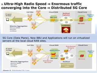 2. Ultra-High Radio Speed ⇒ Enormous traffic
converging into the Core ⇒ Distributed 5G Core
5G Core (Data Plane), New BBU and Applications will run on virtualized
servers at the local cloud RAN sites.
 