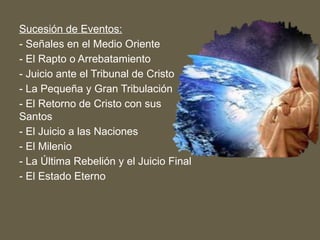 Sucesión de Eventos:
- Señales en el Medio Oriente
- El Rapto o Arrebatamiento
- Juicio ante el Tribunal de Cristo
- La Pequeña y Gran Tribulación
- El Retorno de Cristo con sus
Santos
- El Juicio a las Naciones
- El Milenio
- La Última Rebelión y el Juicio Final
- El Estado Eterno
 
