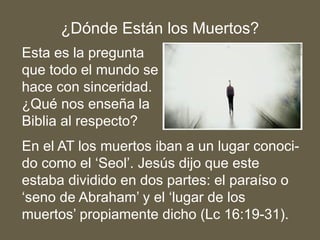 Esta es la pregunta
que todo el mundo se
hace con sinceridad.
¿Qué nos enseña la
Biblia al respecto?
En el AT los muertos iban a un lugar conoci-
do como el ‘Seol’. Jesús dijo que este
estaba dividido en dos partes: el paraíso o
‘seno de Abraham’ y el ‘lugar de los
muertos’ propiamente dicho (Lc 16:19-31).
¿Dónde Están los Muertos?
 