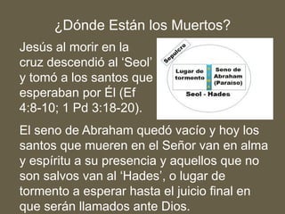 Jesús al morir en la
cruz descendió al ‘Seol’
y tomó a los santos que
esperaban por Él (Ef
4:8-10; 1 Pd 3:18-20).
El seno de Abraham quedó vacío y hoy los
santos que mueren en el Señor van en alma
y espíritu a su presencia y aquellos que no
son salvos van al ‘Hades’, o lugar de
tormento a esperar hasta el juicio final en
que serán llamados ante Dios.
¿Dónde Están los Muertos?
 