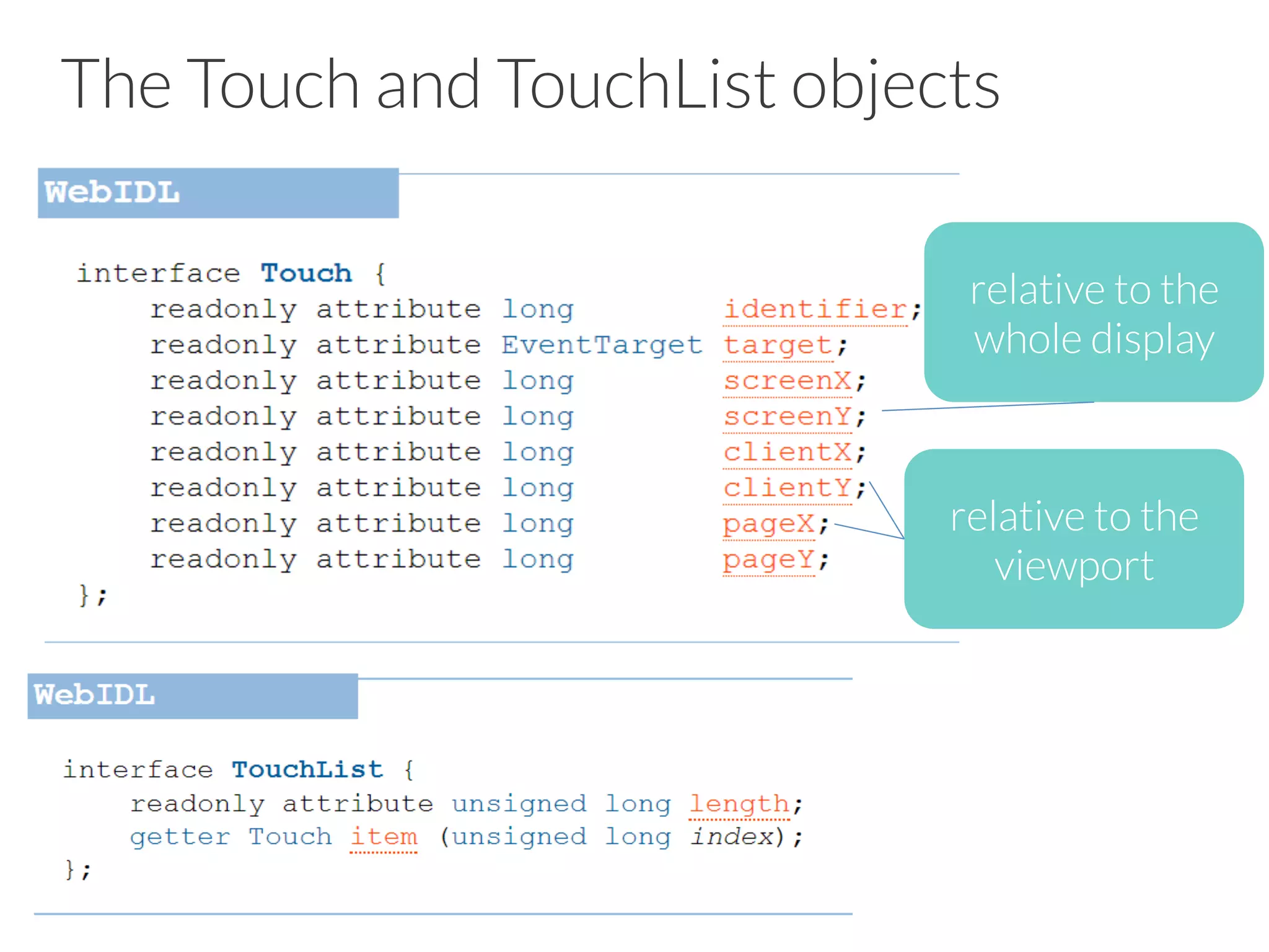The Touch and TouchList objects
relative to the
viewport
relative to the
whole display
 