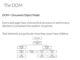 The DOM
DOM = Document Object Model
Every web page have a hierarchical structure in which every
element is contained into another: its parent.
Text elements are particular since they never have children
 