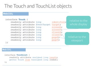 The Touch and TouchList objects
relative to the
viewport
relative to the
whole display
 