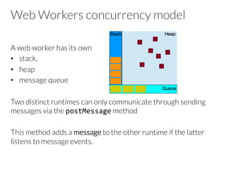 Web Workers concurrency model
A web worker has its own
•  stack,
•  heap
•  message queue
Two distinct runtimes can only communicate through sending
messages via the postMessage method
This method adds a message to the other runtime if the latter
listens to message events.
 