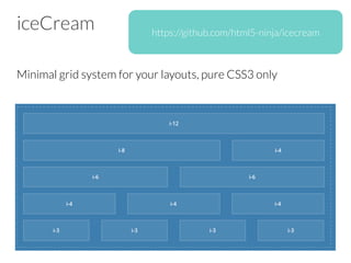 iceCream
Minimal grid system for your layouts, pure CSS3 only
https://github.com/html5-ninja/icecream
 