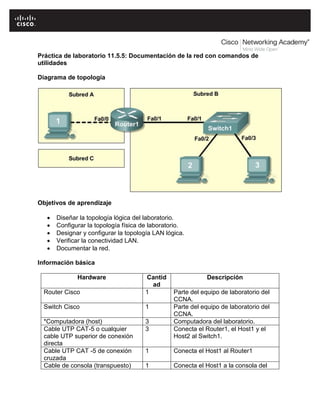 Práctica de laboratorio 11.5.5: Documentación de la red con comandos de
utilidades
Diagrama de topología

Objetivos de aprendizaje






Diseñar la topología lógica del laboratorio.
Configurar la topología física de laboratorio.
Designar y configurar la topología LAN lógica.
Verificar la conectividad LAN.
Documentar la red.

Información básica
Hardware
Router Cisco

Cantid
ad
1

Switch Cisco

1

*Computadora (host)
Cable UTP CAT-5 o cualquier
cable UTP superior de conexión
directa
Cable UTP CAT -5 de conexión
cruzada
Cable de consola (transpuesto)

3
3

Descripción
Parte del equipo de laboratorio del
CCNA.
Parte del equipo de laboratorio del
CCNA.
Computadora del laboratorio.
Conecta el Router1, el Host1 y el
Host2 al Switch1.

1

Conecta el Host1 al Router1

1

Conecta el Host1 a la consola del

 