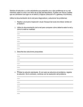 Solicite al instructor o a otro estudiante que presente uno o dos problemas en su red
mientras usted no mira o se retira de la sala del laboratorio. Pueden ser físicos (cables
que se cambiaron de lugar en el switch) o lógicos (dirección IP o gateway incorrectos).
Utilice la documentación de la red para diagnosticar y solucionar los problemas:
1.

Realice una buena inspección visual. Busque las luces de enlace verdes en
el Switch1.

2.

Utilice la documentación de la red para comparar cómo debería estar la red y
cómo lo está en realidad:
______________________________________________________________
___
______________________________________________________________
___
______________________________________________________________
___
______________________________________________________________
___
______________________________________________________________
___

Describa las soluciones propuestas:
______________________________________________________________
___
______________________________________________________________
___
______________________________________________________________
___
______________________________________________________________
___
______________________________________________________________
___
4. Pruebe la solución planteada. Si con esto se soluciona el problema, registre
la solución. De lo contrario, continúe con la resolución del problema.
______________________________________________________________
___
______________________________________________________________
___
______________________________________________________________
___
______________________________________________________________
___
______________________________________________________________
___
3.

 