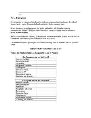 ______________________________________________________________
___
Tarea 8: Limpieza.
A menos que el instructor le indique lo contrario, restaure la conectividad de red del
equipo host y luego desconecte la alimentación de los equipos host.
Antes de desconectar la energía del router y el switch, elimine el archivo de
configuración de la NVRAM de cada dispositivo con el comando exec privilegiado:
erase startup-config.
Retire con cuidado los cables y guárdelos de manera ordenada. Vuelva a conectar los
cables que desconectó para esta práctica de laboratorio.
Llévese todo aquello que haya traído al laboratorio y deje el aula lista para la próxima
clase.
Apéndice 1: Documentación de la red
Tablas del host confeccionadas para la Tarea 3, Paso 2:
Configuración de red del Host1
Nombre de Host
Enrutamiento IP
habilitado
Adaptador Ethernet
Descripción
Dirección física
Dirección IP
Máscara de subred
Gateway por defecto
Configuración de red del Host2
Nombre de Host
Enrutamiento IP
habilitado
Adaptador Ethernet
Descripción
Dirección física
Dirección IP
Máscara de subred
Gateway por defecto

 
