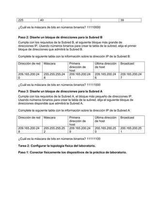 225

40

39

¿Cuál es la máscara de bits en números binarios? 11110000
Paso 2: Diseñe un bloque de direcciones para la Subred B
Cumpla con los requisitos de la Subred B, el siguiente bloque más grande de
direcciones IP. Usando números binarios para crear la tabla de la subred, elija el primer
bloque de direcciones que admitirá la Subred B.
Complete la siguiente tabla con la información sobre la dirección IP de la Subred B:
Dirección de red

Máscara

209.165.200.24
0

255.255.255.24
8

Primera
dirección de
host
209.165.200.24
1

Última dirección
de host

Broadcast

209.165.200.24
6

209.165.200.24
7

¿Cuál es la máscara de bits en números binarios? 11111000
Paso 3: Diseñe un bloque de direcciones para la Subred A
Cumpla con los requisitos de la Subred A, el bloque más pequeño de direcciones IP.
Usando números binarios para crear la tabla de la subred, elija el siguiente bloque de
direcciones disponible que admitirá la Subred A.
Complete la siguiente tabla con la información sobre la dirección IP de la Subred A:
Dirección de red

Máscara

209.165.200.24
8

255.255.255.25
2

Primera
dirección de
host
209.165.200.24
9

Última dirección
de host

Broadcast

200.165.200.25
0

200.165.200.25
1

¿Cuál es la máscara de bits en números binarios? 11111100
Tarea 2: Configurar la topología física del laboratorio.
Paso 1: Conectar físicamente los dispositivos de la práctica de laboratorio.

 