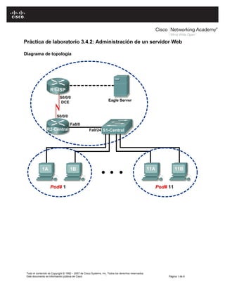 Práctica de laboratorio 3.4.2: Administración de un servidor Web

Diagrama de topología




 Todo el contenido es Copyright © 1992 – 2007 de Cisco Systems, Inc. Todos los derechos reservados.
 Este documento es información pública de Cisco                    ¨                                  Página 1 de 8
 