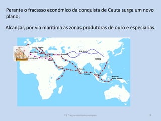 Perante o fracasso económico da conquista de Ceuta surge um novo
plano;

Alcançar, por via marítima as zonas produtoras de ouro e especiarias.

E1 O expansionismo europeu

18

 