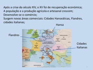 Após a crise do século XIV, o XV foi de recuperação económica;
A população e a produção agrícola e artesanal crescem;
Desenvolve-se o comércio;
Surgem novas áreas comerciais: Cidades Hanseáticas, Flandres,
cidades italianas;
Hansa
Flandres
Cidades
Italianas

E1 O expansionismo europeu

2

 