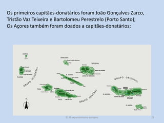 Os primeiros capitães-donatários foram João Gonçalves Zarco,
Tristão Vaz Teixeira e Bartolomeu Perestrelo (Porto Santo);
Os Açores também foram doados a capitães-donatários;

E1 O expansionismo europeu

23

 