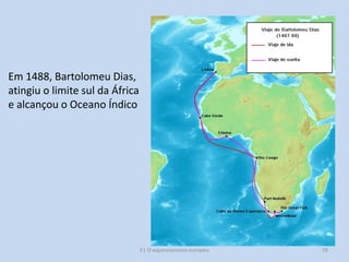 Em 1488, Bartolomeu Dias,
atingiu o limite sul da África
e alcançou o Oceano Índico

E1 O expansionismo europeu

29

 