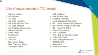 A list of pages created at TAC include
 General Ledger
 AP Payment
 AR Entry
 AR Entry - Custom
 AR Invoice Entry - Farm
 AR Cash Receipts
 AR Credit and Collections
 AR & AP Netting
 Fixed Assets
 Purchasing
 Inventory
 Job Cost
 New Venue Setup
 New Company Setup
 Subledger Setup
13
 Address Book
 User Provisioning
 Financial Inquiries
 Tax Processing & Reporting
 RE - Lease Setup & Sec Deposits
 RE - Manual Billing & Cash Rec
 RE - Recurring Billing
 JVA - Energy Setup
 JVA - Overhead
 JVA - Dist, Invoice, Reversals
 JVA - Cash Calls
 JVA - Energy Financials
 O&G Reports
 Allocations
 Show Accountant
 