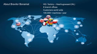 • HQ / factory – Heerhugowaard (NL)
• 8 branch offices
• Customers world wide
• 100.000+ machines / year
About Bravilor Bonamat
 