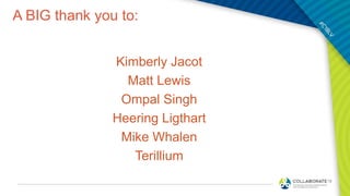 A BIG thank you to:
Kimberly Jacot
Matt Lewis
Ompal Singh
Heering Ligthart
Mike Whalen
Terillium
 