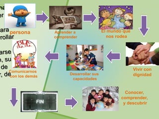 persona         Aprender a              El mundo que
                comprender                nos rodea




Comunicarnos                                           Vivir con
                      Desarrollar sus                  dignidad
con los demás
                       capacidades


                                                  Conocer,
                                                comprender,
                                                 y descubrir
 