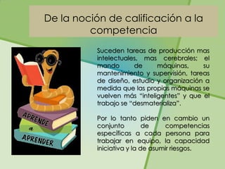 De la noción de calificación a la
         competencia
          Suceden tareas de producción mas
          intelectuales, mas cerebrales; el
          mando       de     máquinas,     su
          mantenimiento y supervisión, tareas
          de diseño, estudio y organización a
          medida que las propias máquinas se
          vuelven más “inteligentes” y que el
          trabajo se “desmaterializa”.

          Por lo tanto piden en cambio un
          conjunto         de    competencias
          específicas a cada persona para
          trabajar en equipo, la capacidad
          iniciativa y la de asumir riesgos.
 