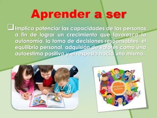 Aprender a ser
 Implica potenciar las capacidades de las personas
  a fin de lograr un crecimiento que favorezca la
  autonomía, la toma de decisiones responsables, el
  equilibrio personal, adquisión de valores como una
  autoestima positiva y el respesto hacia uno mismo.
 