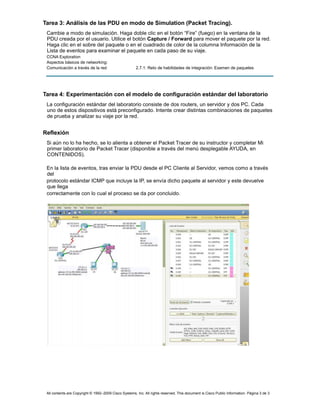 Tarea 3: Análisis de las PDU en modo de Simulation (Packet Tracing).
Cambie a modo de simulación. Haga doble clic en el botón “Fire” (fuego) en la ventana de la
PDU creada por el usuario. Utilice el botón Capture / Forward para mover el paquete por la red.
Haga clic en el sobre del paquete o en el cuadrado de color de la columna Información de la
Lista de eventos para examinar el paquete en cada paso de su viaje.
CCNA Exploration
Aspectos básicos de networking:
Comunicación a través de la red

2.7.1: Reto de habilidades de integración: Examen de paquetes

Tarea 4: Experimentación con el modelo de configuración estándar del laboratorio
La configuración estándar del laboratorio consiste de dos routers, un servidor y dos PC. Cada
uno de estos dispositivos está preconfigurado. Intente crear distintas combinaciones de paquetes
de prueba y analizar su viaje por la red.

Reflexión
Si aún no lo ha hecho, se lo alienta a obtener el Packet Tracer de su instructor y completar Mi
primer laboratorio de Packet Tracer (disponible a través del menú desplegable AYUDA, en
CONTENIDOS).
En la lista de eventos, tras enviar la PDU desde el PC Cliente al Servidor, vemos como a través
del
protocolo estándar ICMP que incluye la IP, se envía dicho paquete al servidor y este devuelve
que llega
correctamente con lo cual el proceso se da por concluido.

All contents are Copyright © 1992–2009 Cisco Systems, Inc. All rights reserved. This document is Cisco Public Information. Página 3 de 3

 