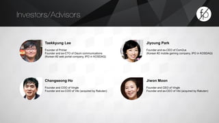 Changseong Ho 
Founder and COO of Vingle 
Founder and ex-COO of Viki (acquired by Rakuten) 
Jiwon Moon 
Founder and CEO of Vingle 
Founder and ex-CEO of Viki (acquired by Rakuten) 
Taekkyung Lee 
Founder of Primer 
Founder and ex-CTO of Daum communications 
(Korean #2 web portal company, IPO in KOSDAQ) 
Jiyoung Park 
Founder and ex-CEO of Com2us 
(Korean #2 mobile gaming company, IPO in KOSDAQ) 
Investors/Advisors 
 